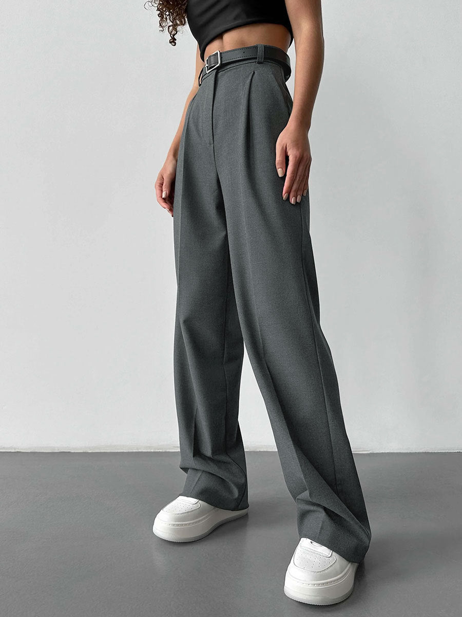 Women Elegant High-Waisted Pants with Distinct Pleats and Tie Belt Lune London