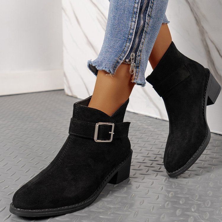 Women's ankle boots with a fashionable buckle detail and a comfortable square heel Lune London