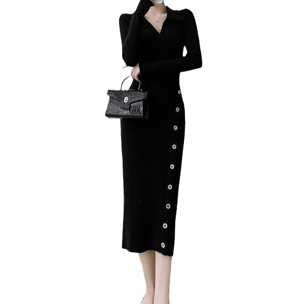 Robe élégante en tricot pour femmes avec look enveloppant et détails de boutons Chic & Stil