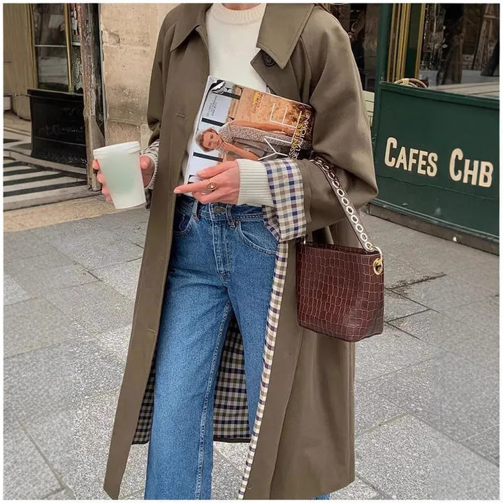 Oversized checkered pattern trench coat for ladies Lune London