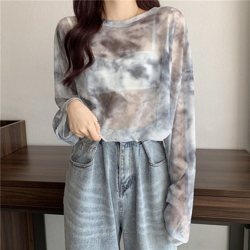 Women's transparent long sleeve top with modern tie-dye pattern Chic & Stil