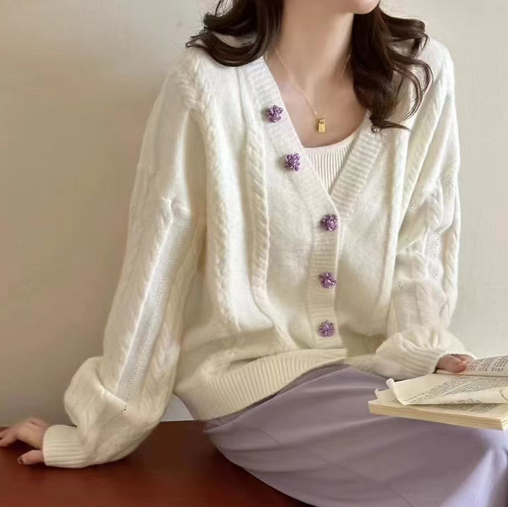 Women's knitted jacket with decorative buttons and a cable pattern Lune London