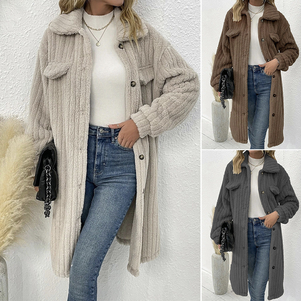 Ladies long soft coat with textured design and patch pockets Lune London