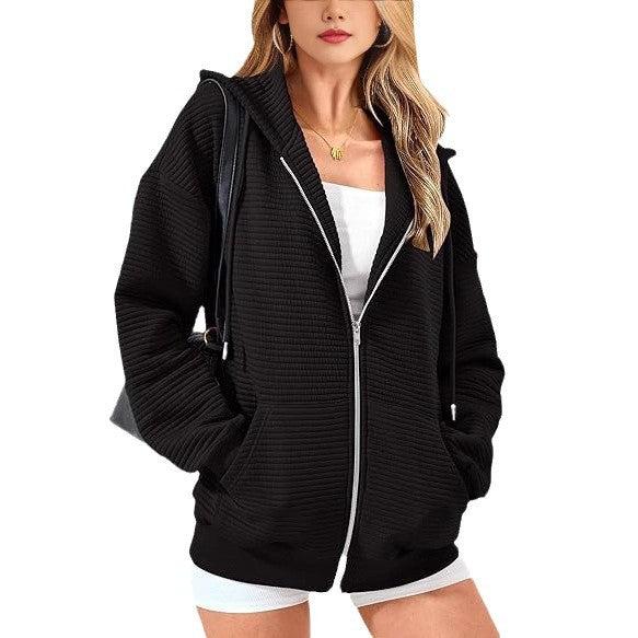 Ladies stylish hooded jacket with textured design and zipper Lune London