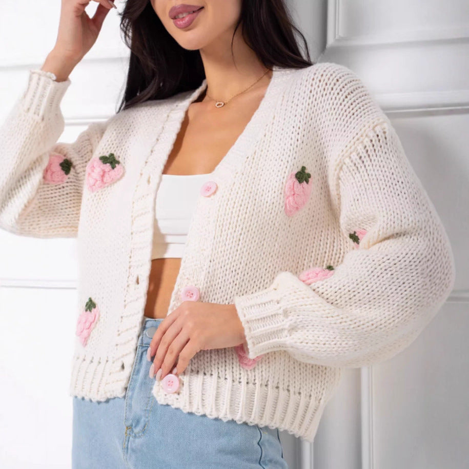 Ladies knit cardigan with strawberry appliqués Lune London