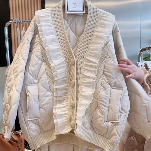 Ladies down jacket with ruffle details and pockets Lune London