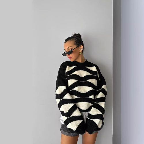 Dames pull en tricot surdimensionné avec motif en vagues Chic & Stil