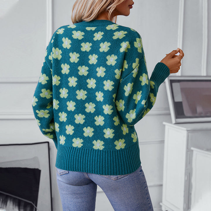 Knit sweater for women with floral pattern and V-neck Lune London