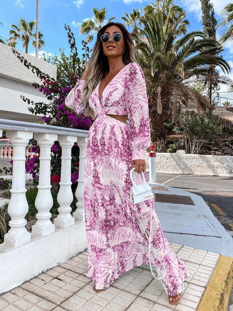 Maxi dress for women with floral cut and pretty ruffle details Lune London