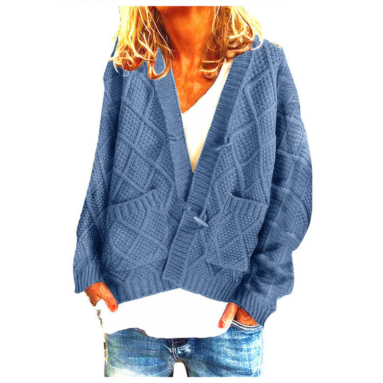 Thick knit jacket for women with a decorative cable design and practical pockets Lune London