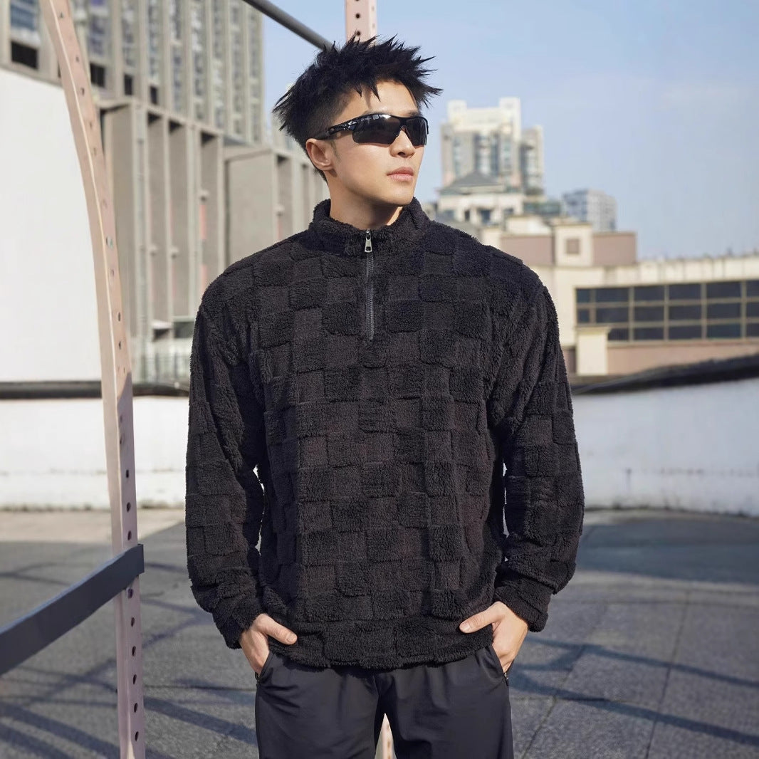 Men's fleece pullover with structured surface texture and high collar Lune London