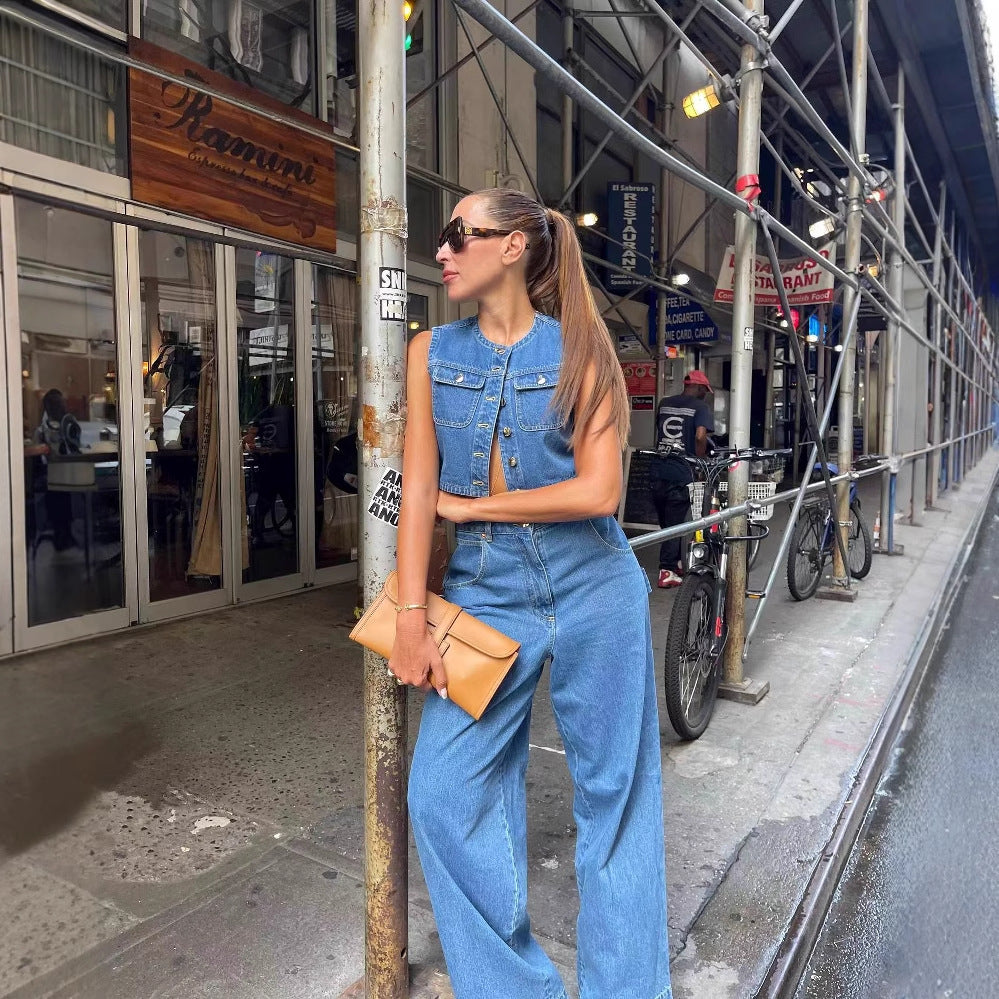 Denim vest for women with stylish pockets and classic button closure Lune London
