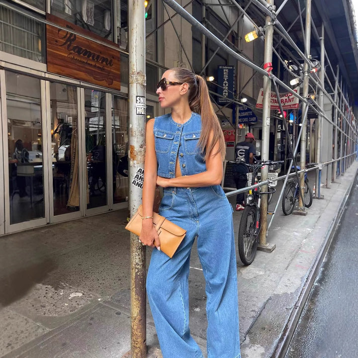 Denim vest for women with stylish pockets and classic button closure Lune London