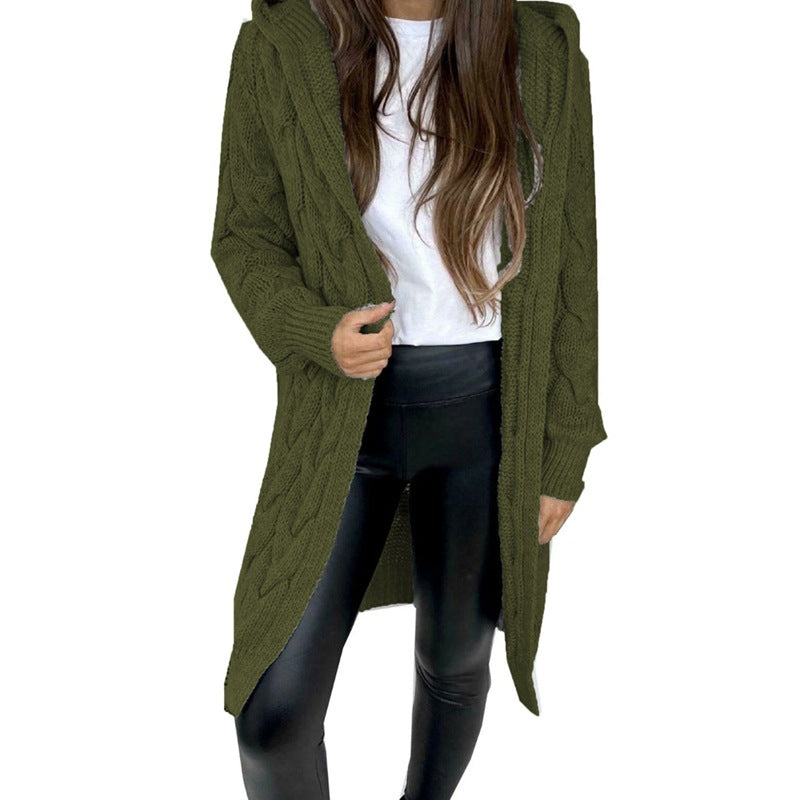 Ladies chunky knit coat with hood and braided design Lune London