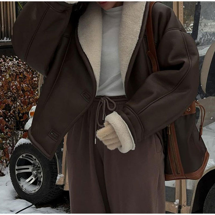 Trendy faux leather jacket for women with soft padded collar Lune London