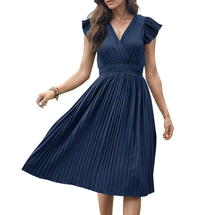 Robe midi plissée pour femmes avec col en V et manches volumineuses Chic & Stil