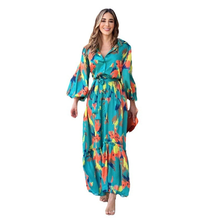 Airy maxi dress for women with a colorful graphic design and elegant ruffle details Lune London