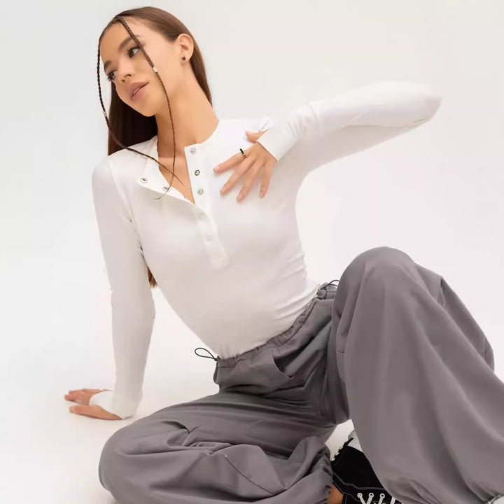 Women Long Sleeve Top with Button Placket and Fitted Cut Lune London