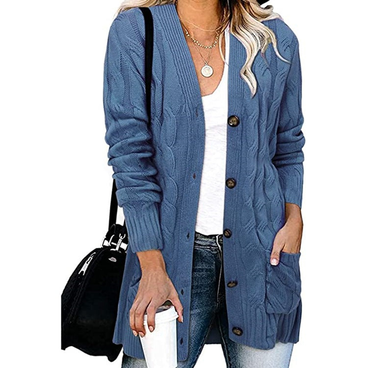 Rough knit cardigan for women with button details and practical pockets Lune London
