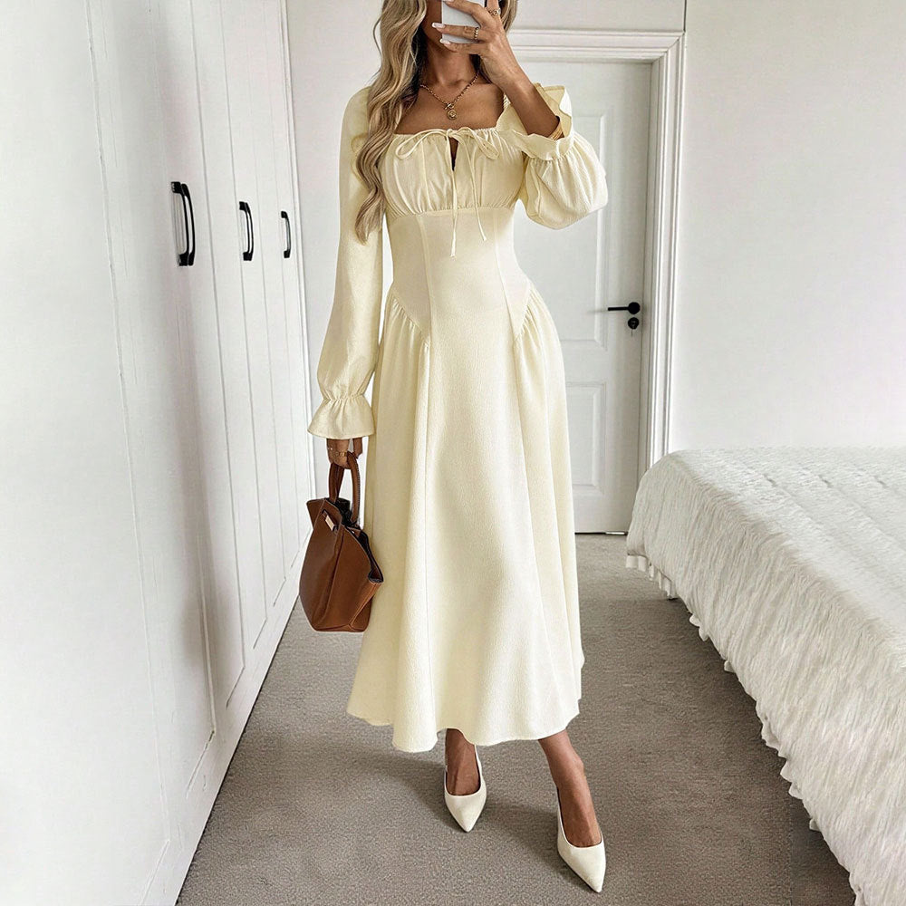 Elegant maxi dress for women with sophisticated drawstring and puff sleeves Chic & Stil