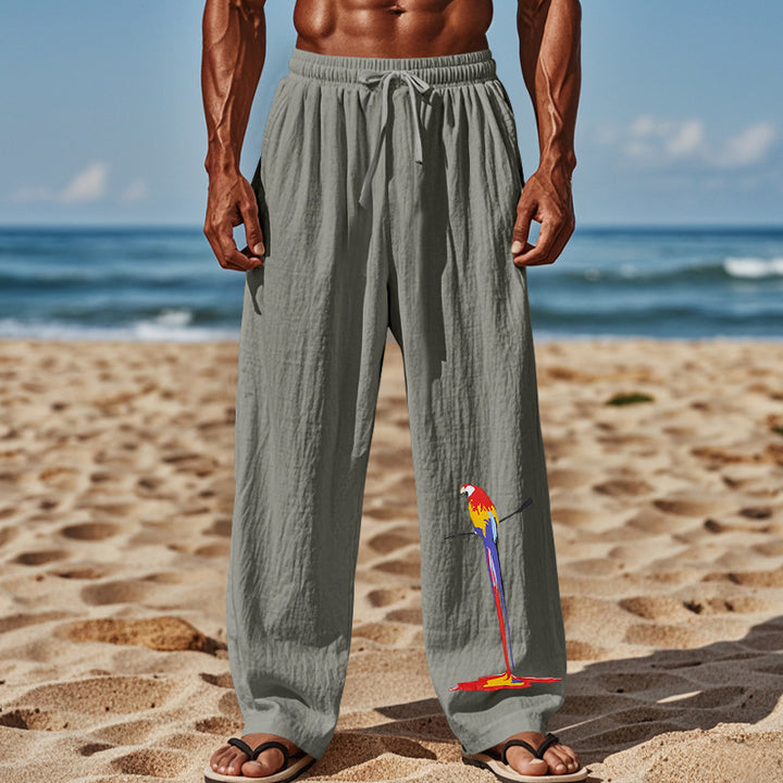Light beach pants for men with colorful parrot design Lune London