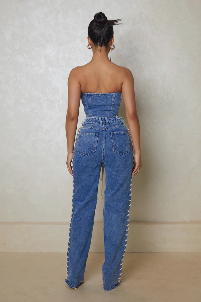 Ladies corset top with casual denim pants and innovative lacing design Lune London
