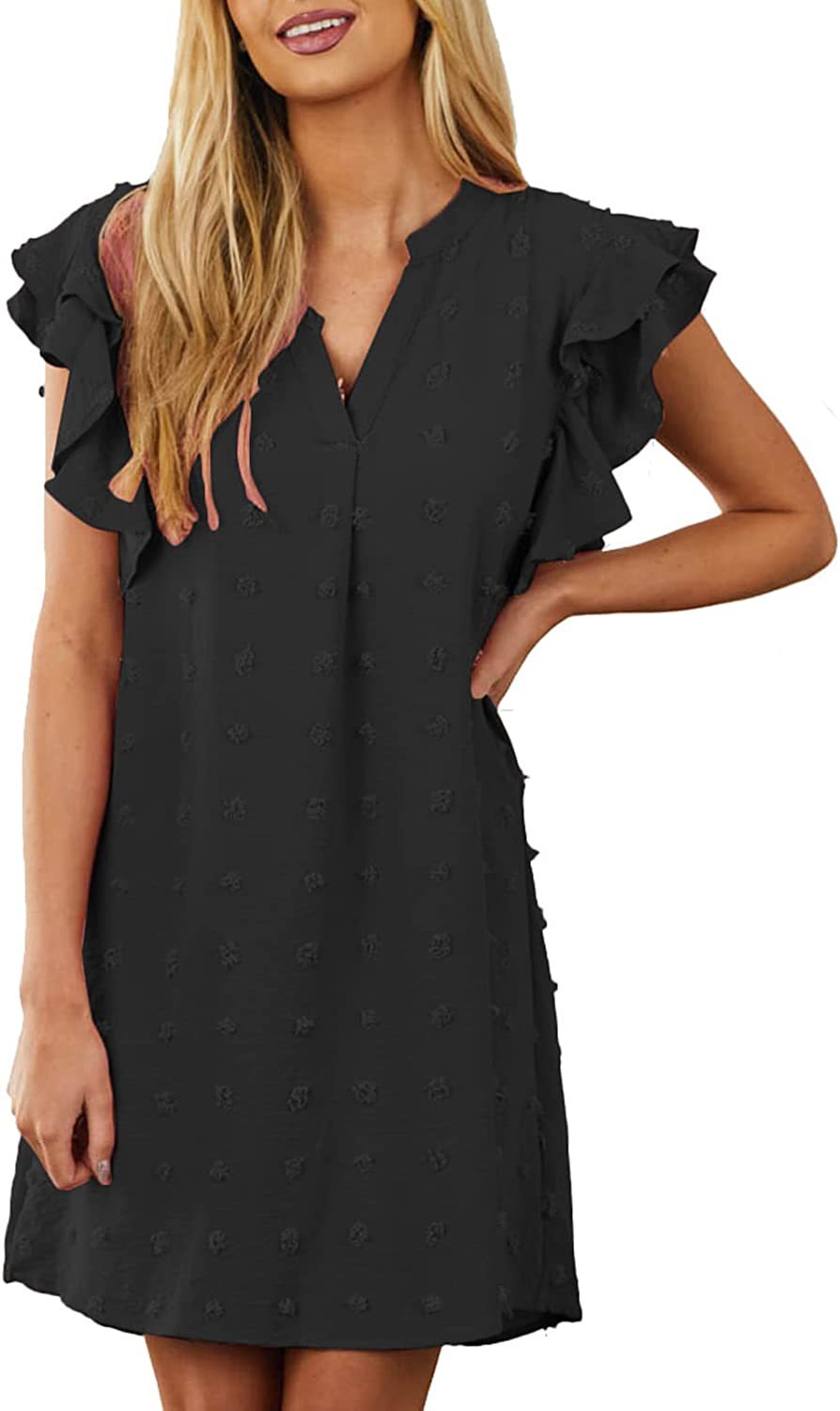 Chic and Stylish Women’s V Neck Shift Dress with Ruffle Sleeves