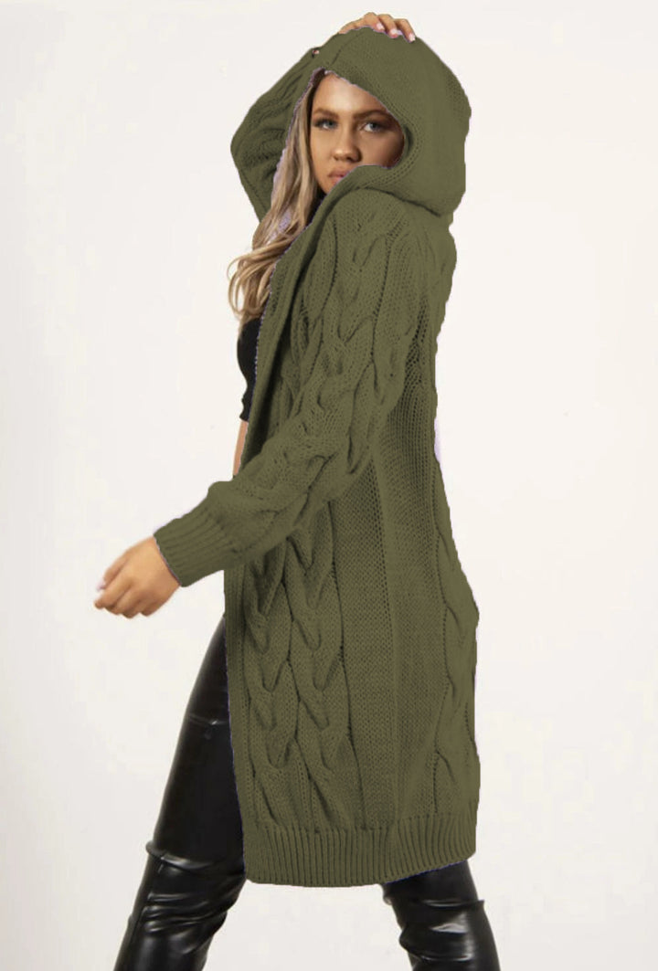 Ladies Chunky Knit Cardigan with Hood and Practical Pockets Lune London