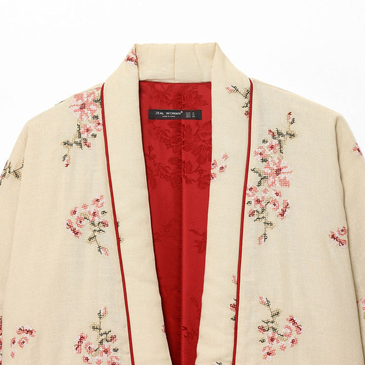 Lady Kimono with floral embroidery and elegant belt at the waist Lune London