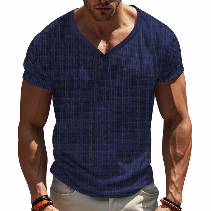 Men's short sleeve Henley t-shirt with geometric structure design and trendy V-neck Lune London