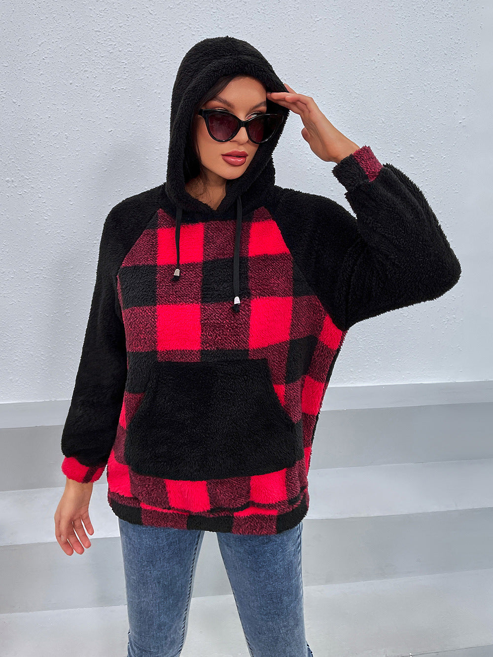 Women's cozy fleece hoodie with modern plaid pattern Lune London