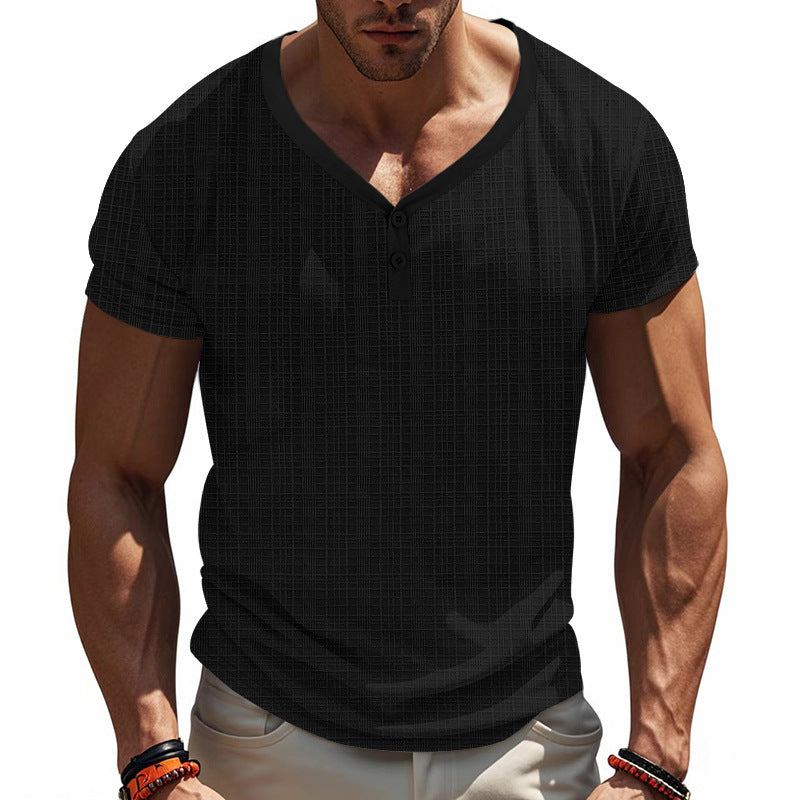 Men's short sleeve Henley t-shirt with geometric structure design and trendy V-neck Lune London