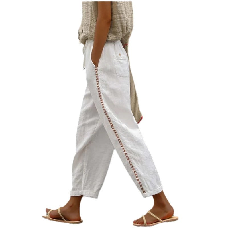 Palazzo pants for women with elastic waistband and tie belt on the side Lune London