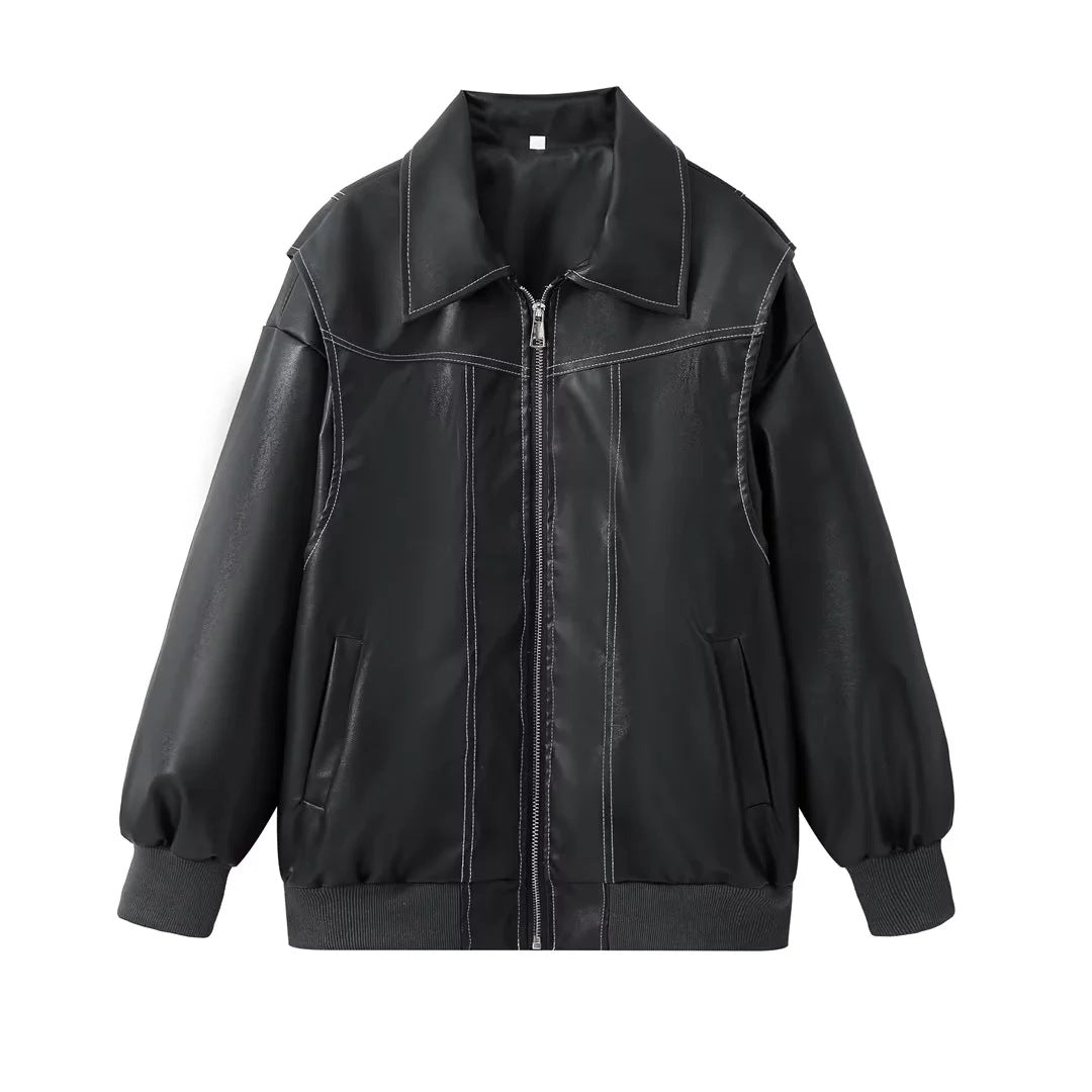 Ladies Trendy Faux Leather Jacket with Elastic Cuffs and Practical Pockets Lune London