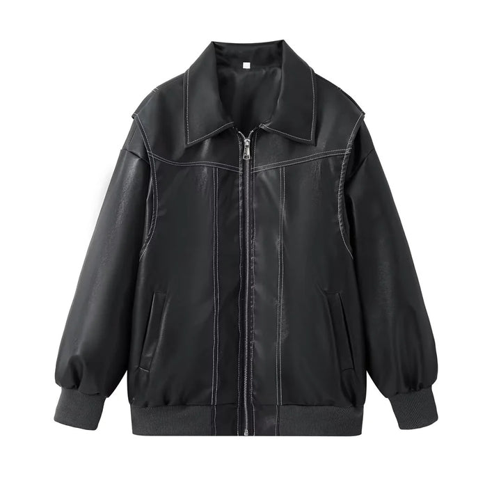 Ladies Trendy Synthetic Leather Jacket with Elastic Cuffs and Practical Pockets Lune London