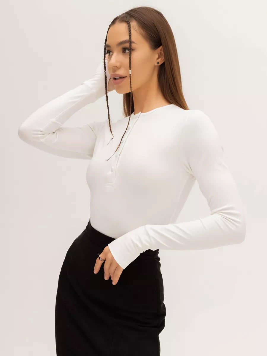 Women Long Sleeve Top with Button Placket and Fitted Cut Lune London