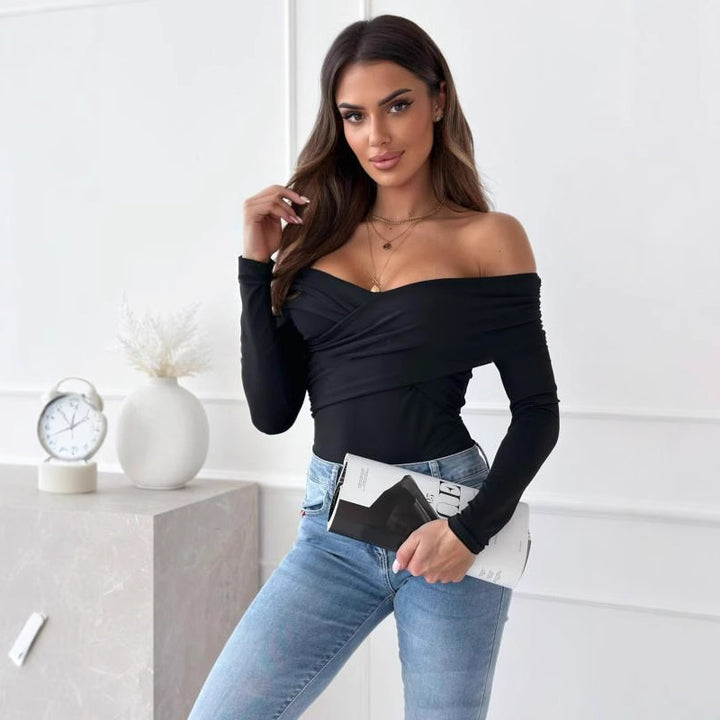 Ladies Elegant crossover top with off-the-shoulder design and long sleeves Lune London