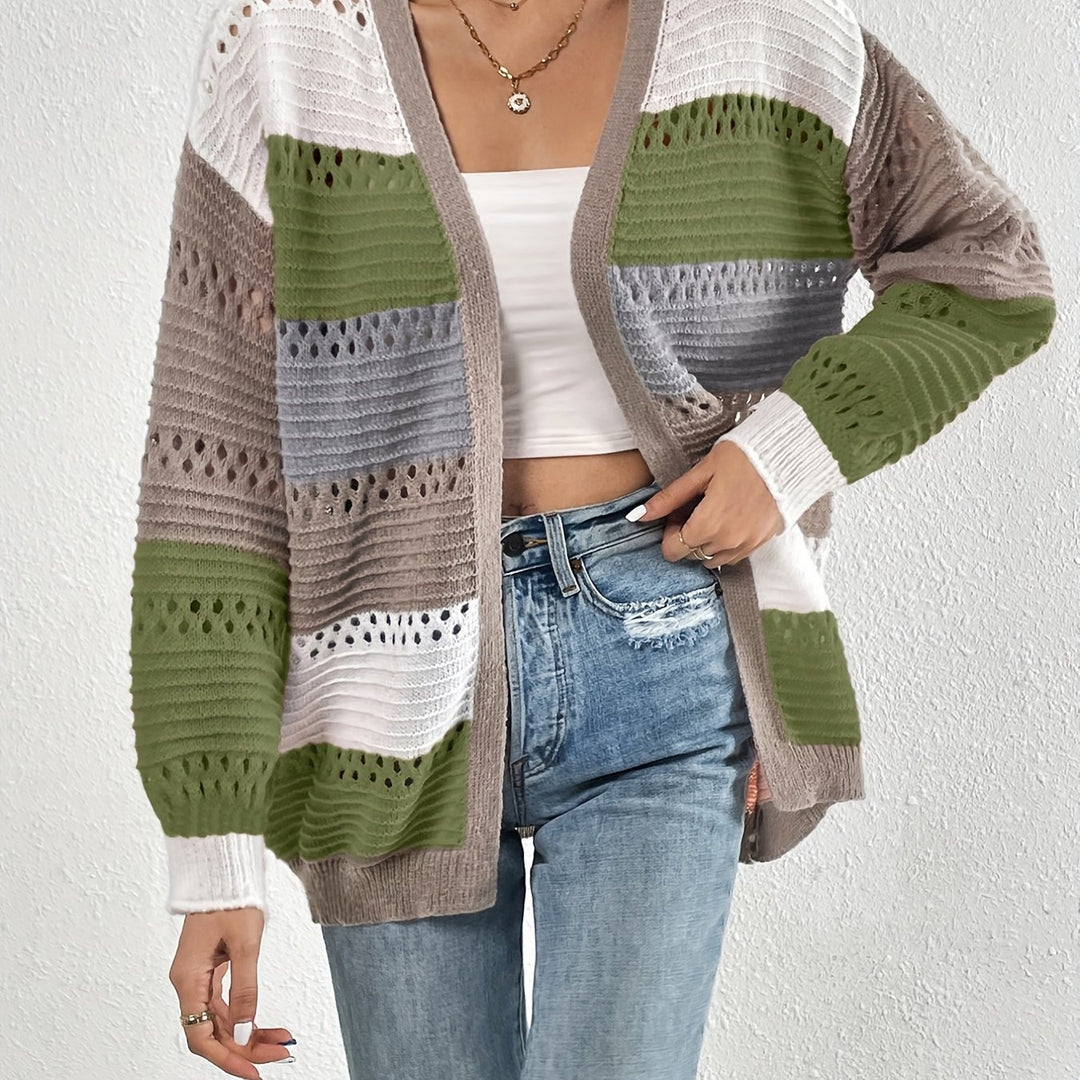 Cardigan en tricot large pour femmes avec un motif en dentelle unique et un design en blocs de couleur Chic & Stil