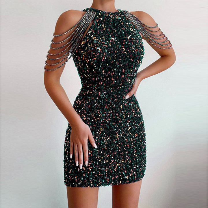 Women's mini dress with shiny sequin embellishment and elegant chain sleeves Lune London