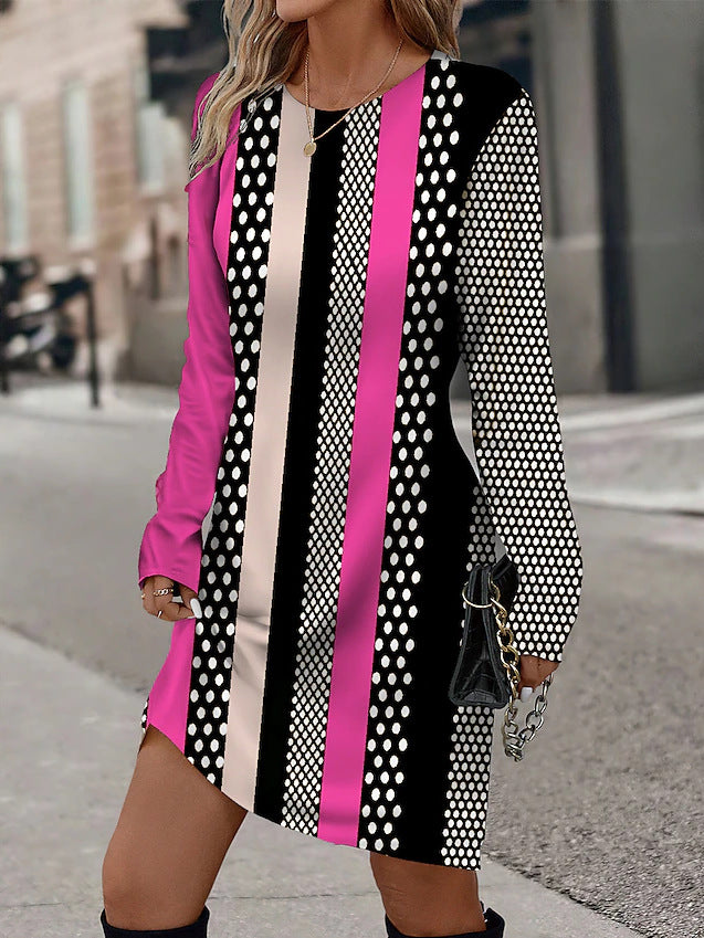 Long sleeves long dress for women with graphic striped pattern and chic dot design Style