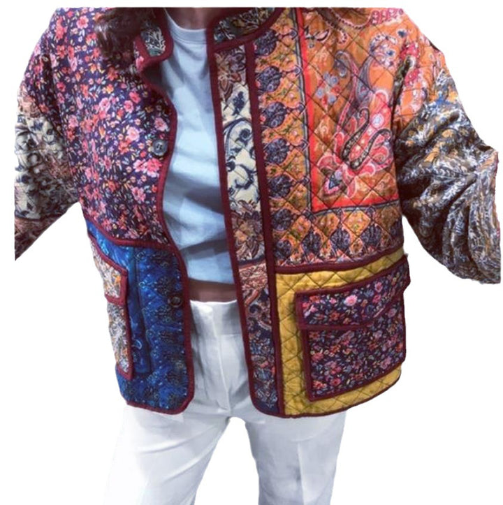 Quilted jacket for women with a colorful patchwork design and practical pockets Lune London