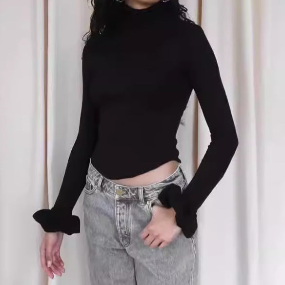 Ladies Elegant Long Sleeve Top with High Collar and Ruffled Details Chic and Style