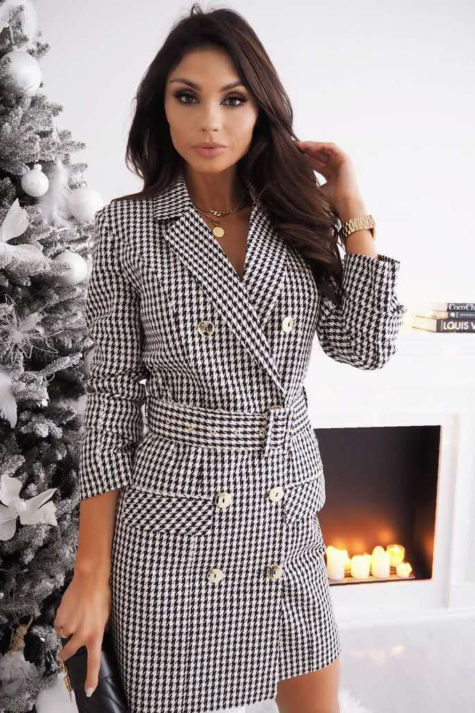 Plaid blazer dress for ladies with trendy button details and a belted waist Lune London