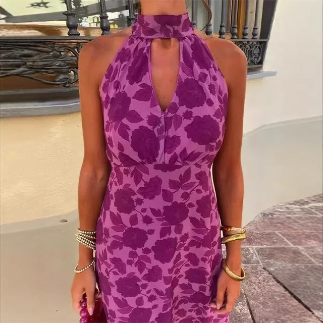 Maxi dress for women with floral design and elegant back neckline Lune London