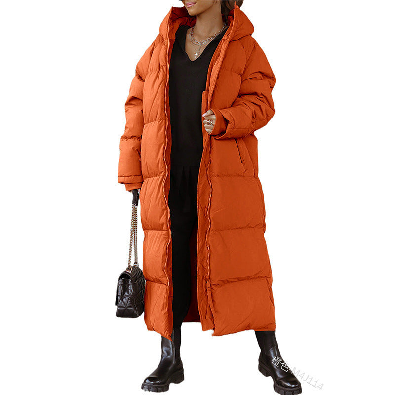 Ladies long padded jacket with hood and practical side pockets Lune London