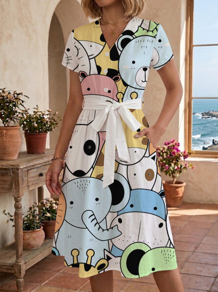 Women's Blooming Midi Dress with Adjustable Belt and Artistic Print Lune London