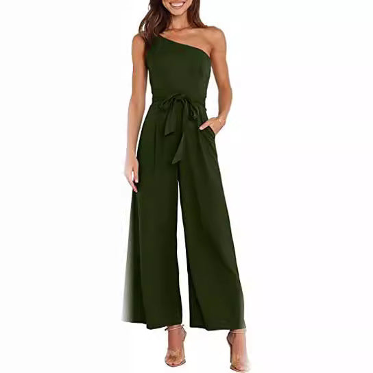 Ladies Elegant Jumpsuit with asymmetrical design and waist belt Lune London