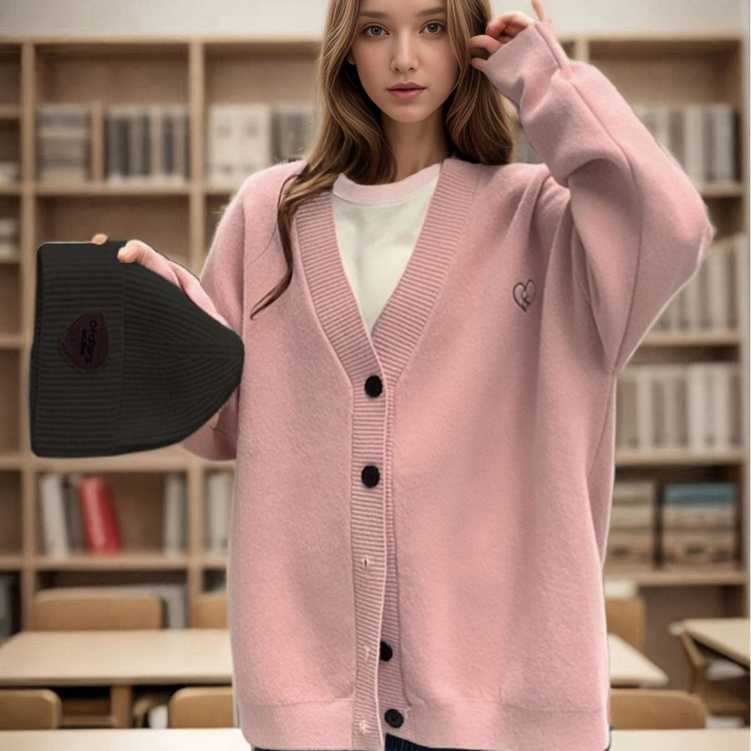 Ladies Chunky Knit Cardigan with oversized cut and decorative heart pattern Lune London