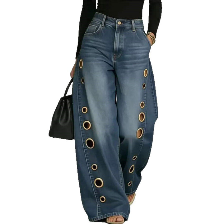 Women's Wide-Cut Jeans with Decorative Eyelets and High Waist Chic & Stil