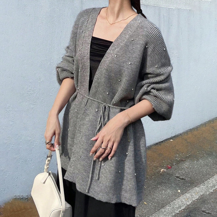 Ladies Elegant Knit Cardigan with Chic Pearls Accent and Style